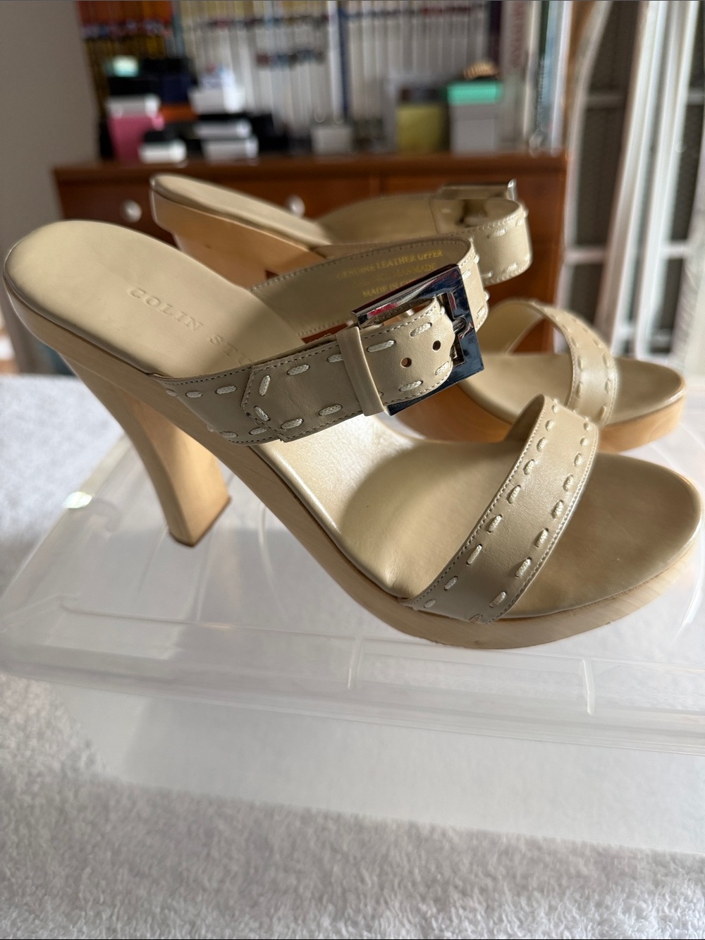 Beige High Heel Slide Sandals with Buckle